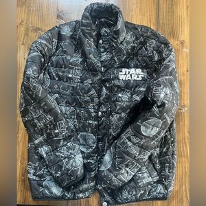 Kids Star Wars Puffer Jacket Black White Spaceship Print Padded Coat Outerwear